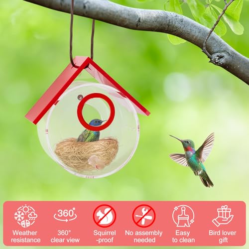 Hummingbird House, Acrylic Transparent Bird Houses Outside, Window Birdhouse for Viewing Inside with Strong Suction Cup, Great for Bluebird Finch Chickadee Nesting