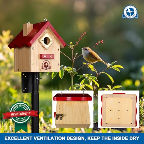 SISTERBIRD Wren Bird House, Premium Wooden Bird Houses for Outside, Classic Cabin Design Birdhouses for Outdoors, Hanging Bird House, Red-Breasted Nuthatch Wren Chickadee - color: Red with Log Color upgrade