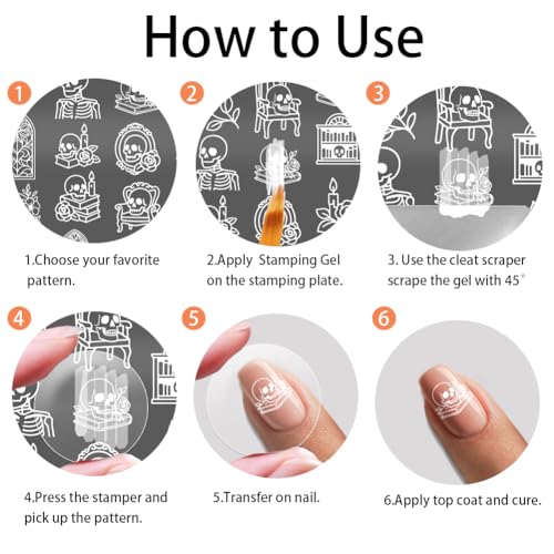PH PandaHall 3pcs Reading Skull Nail Stamping Plates, Vintage Rose Skull Book Nail Art Templates Gothic Skelton Stainless Steel Image Plate Stencils with Tool for DIY Print Manicures Salon Design - style: Reading Skull