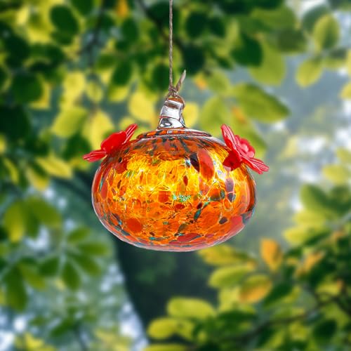 Glass Bird Feeder with Flower Decoration – Hanging Outdoor Bird Feeder for Garden, Patio,Backyard(Orange) - color: Orange