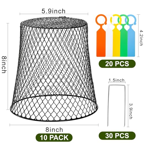 SOUJOY 10 Pcs 8"x8" Chicken Wire Plant Protect Covers, Metal Garden Cloche | UV-Resistant, Rustproof Metal Mesh with 30 Stakes & 20 Labels, Keeping Bunnies Chicken Squirrels Birds Out, Allows Airflow