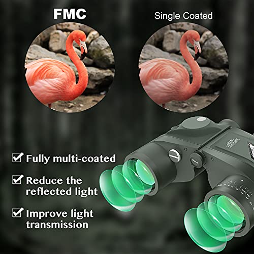 AOMEKIE 10x50 Waterproof Marine Binoculars for Adults with Rangefinder Compass BAK4 Prism FMC Lens for Birdwatching Hunting Boating Fishing Water Sports(Green) - color: Green