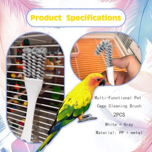 2-in-1 Bird Cage Cleaning Brush & Poop Remover with Long Handle – Scraper, Curved Brush for Parrot Cages, Kennels, and Perches – Rust-Resistant Pet Habitat Cleaning Tool (2 Pcs) (Grey+White)