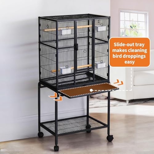 54" Large Bird Cage, Parrot Bird Cage with Rolling Stand & Storage Shelf, Heavy Duty Wrought Iron Flight Cage, Secure Lock, Ideal for Parakeets, Parrots, Cockatiels, Conures, Lovebirds - size: 34.1"L x 24.6"W x 4.7"H