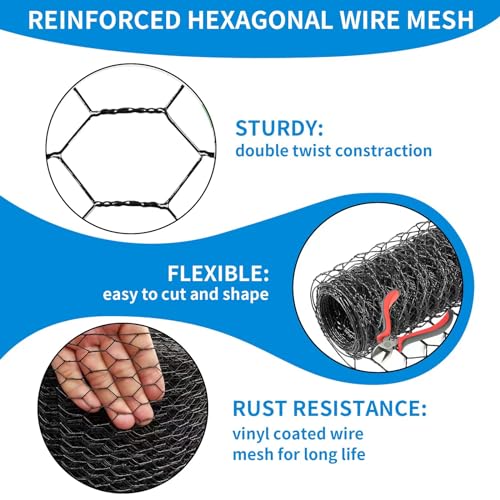 12'' x 150' Black Chicken Wire Mesh Fence, 19 Gauge Galvanized Poultry Netting and 1 inch Garden Mesh Fence Roll, Chicken Wire for Floral Arrangements/Crafts/Farm/Livestock/Pet Protection - size: 19 gauge 12'' x 150'