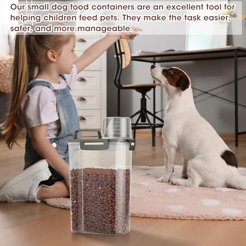 TBMax Small Dog Cat Food Storage Containers 2 Pack, Travel-Friendly Pet Food Container with Spout & Measuring Cup, Kid-Friendly Pet Feeding Dispenser, Portable Dog Treat Bird Seed Container -Grey - color: Dark Grey -2Pcs 3Qt