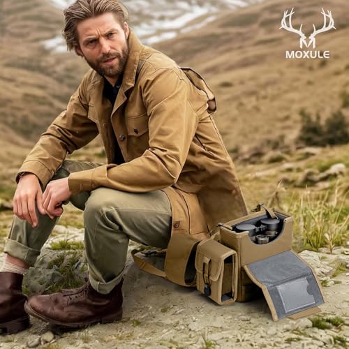 Binocular Harness Chest Pack - Rangefinder Pouch for Hunting Brown | Silent one-handed access, bino case with rain cover and removable pouch , MOLLE webbing for birdwatching and hiking - color: Wolf Brown