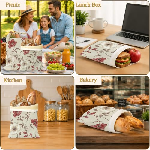 Red Floral Bread Bags for Homemade Bread, Vintage Garden 2 Pack Linen and Beeswax Sourdough Storage Bags, Reusable Keeper, Keeps Breads Fresh Longer, Gifts for Bakers - color: Red Floral