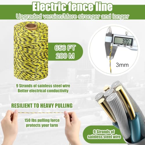 Electric Wire Fence Kit, 5 Mile 110VAC 0.25 J Plug in Fence Charger with 656 FT Polywire, 40 T Post Insulators, 20 Screw in Insulators for Pasture Farm Horse Cattle Poultry Fencing - size: 656FT, style: 0.25J