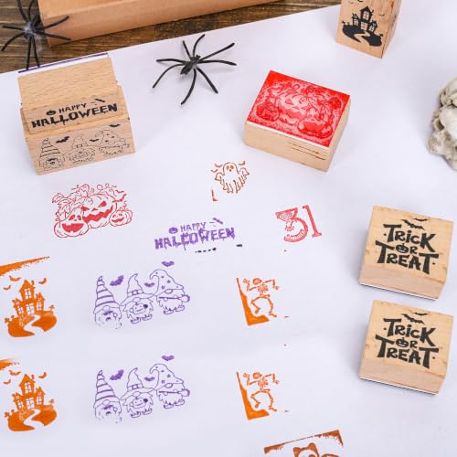 JarThenaAMCS 16Pcs Halloween Wooden Rubber Stamps Set 11 Pcs Spooky DIY Craft Card Stamps Pads with 5 Mixed Ink Pads for Party Gift Decor Scrapbooking Cards Making - style: Halloween