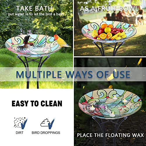 MUMTOP Glass Bird Bath Outdoor with Metal Stand, Garden Feeder, Hummingbird | Glass Large Bird Baths Bowl with Metal Stand for Outdoors, Hummingbird Patterns Bird Feeder for Outside Garden, Patio Decor