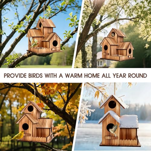 Bird Houses for Outside, Outdoor 3-Hole Large Birdhouse Bird Feeder for Bluebirds, Finches, Cardinals and Yellow Finches, Wooden Hanging Edible Wild Bird Nest Garden Decorative