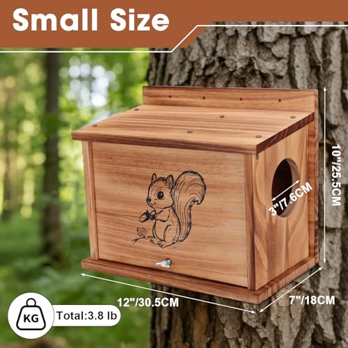 Squirrel House for Outside with Raccoon-Proof Baffle, Carbonized Pine Nesting Box, Outdoor Squirrel Box for Backyard Wildlife