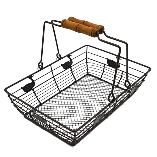 Rustic Duck Egg Basket Metal Wire Fruit Basket Countertop Egg Collecting Basket with Wooden Handles, Egg Basket for Gathering Fresh Eggs, Brown