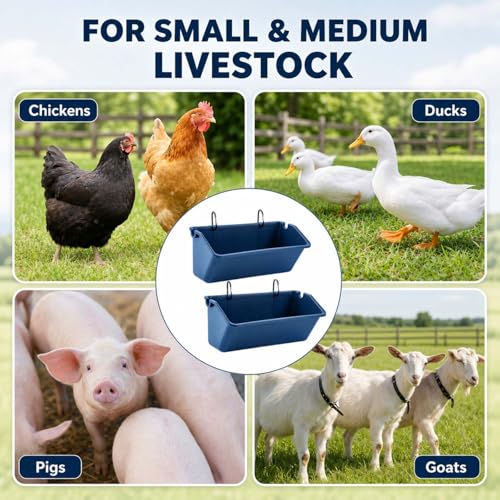 10 Pack Chicken Feeder,5 Quart Hanging Goat Waterer,Dark Blue | Two Mounting Options, Metal Clips and Screws,Solid base without holes,Livestock Feed Buckets for Sheep Duck Coop, Farm, Geese - color: Dark Blue