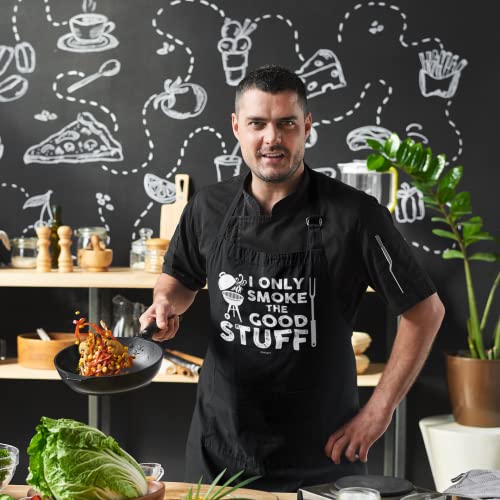 VAGAVY 100% Cotton, Black Funny Aprons for Men, Dad, Husband - Birthday, Father’s Day Grilling Gifts for Papa, Husband. - color: I Only Smoke the Good Stuff - Black