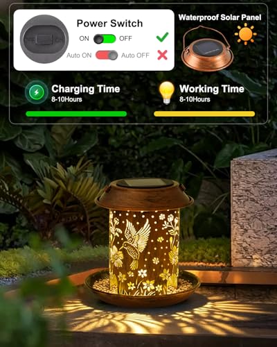 Solar Bird Feeder for Outdoors, Hanging Metal Bird Feeders with Flying Bird Carved Design, Auto-On Night Light, for Hummingbirds Cardinals Orioles Finches Bluebirds, Unique Gift for Bird Lovers - size: 6.4”