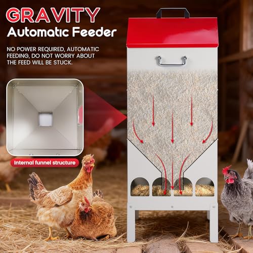 70-85lbs Automatic Chicken Feeder No Waste Gravity Poultry Feeder | Large Capacity Galvanized Chicken Food Dispenser with 16 Ports and Visible Feed-Level, for Duck, Goose,Turkey, Tapered Lid
