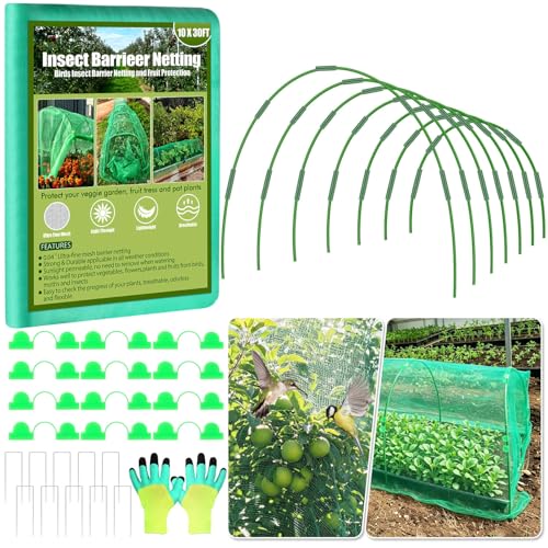 Garden Mesh Netting Kit, 7 Sets Garden Hoops with 10x30 ft Garden Covers | Bird Netting with 12 Clips, Garden Protection for Raised Beds Greenhouse Vegetable Plants Flowers - color: Green
