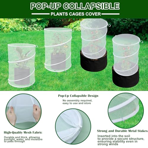 4 Pack Pop up Plant Covers Tent from Animals, 20"H X 13"D Insect Barrier Mesh Plant Guard Cover Net White Garden Plant Protectors Mini Greenhouse Plant Protection Cage with Stakes for Outdoor Plants - color: White