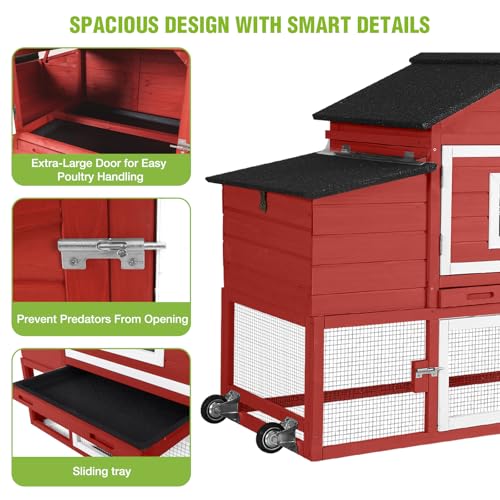 GUTINNEEN Large Chicken Coop with Wheels, Expandable Mobile Chicken House for Outdoor Use, Hen House Poultry Cage with Nesting Box, Leakproof Pull-Out Tray & UV-Resistant Roof – Red - color: (Red)