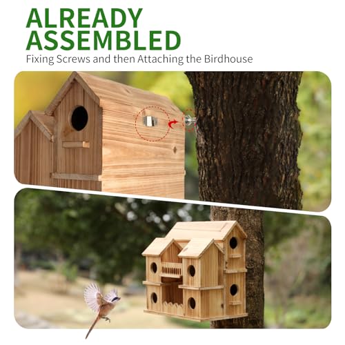 Wooden Bird Houses for Outside, 10 Holes Multi-Chamber Bird House, 1.37" Entrance Hole for Small Birds, Decorative Outdoor Bird Nesting Box