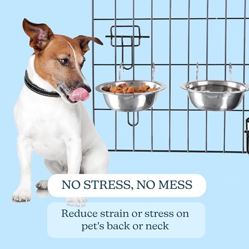 Set of 2 Stainless-Steel Dog Bowls - Cage, Kennel, and Crate Hanging Pet Bowls for Food and Water - 8oz Each and Dishwasher Safe by PETMAKER, Silver | Cage, Kennel, and Crate Hanging Pet Bowls for Food and Water, Dishwasher Safe Food and Water Pet Dishes