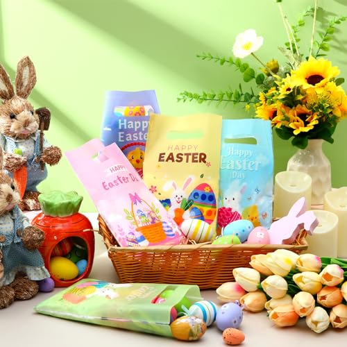 Fulmoon 500 Pieces Easter Plastic Gift Bags Bulk Easter Day Merchandise Bags with Handles Easter Party Favor Bags Rabbit Goodies Bags for Easter Party Favors Decoration