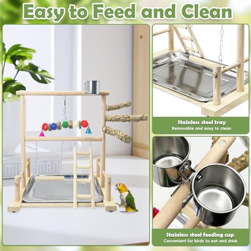 kathson Bird Playground Parrot Perch Stand Toys, Birds Wood Play Gym Activity Center Exercise Playpen Ladder Swing with Feeder Cups Chewing Toy(Include a Tray) - size: Two floors