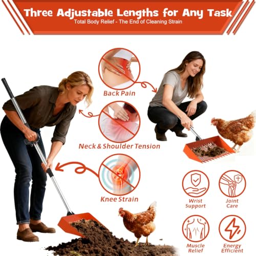 Chicken Poop Scooper & Rake 2-in-1 – 12 Inch Shovel Head & 3-Angle Adjustable 304 Stainless Steel Handle, Chicken Litter Scoop and Coop Rake & Sand Sifting Shovel for Chicken Coops, Orange - color: Orange