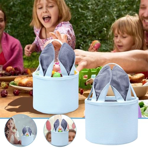 Easter Basket Easter Egg Hunting Basket Easter Bunny Basket Candy Egg Basket Gift Buckets Seersucker Egg Basket Bags for,Personalized Bags - color: C-Blue