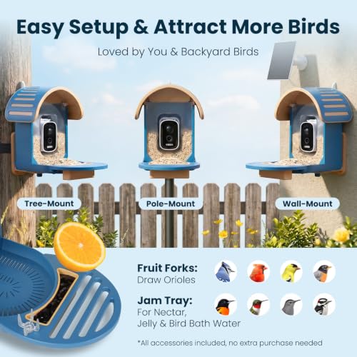 Smart Bird Feeder with Camera, Blue | 2.5K UHD, AI Bird Species Identification, Solar Powered, 2.4G WiFi, IP66 Waterproof Outdoor, Instant Alerts, Gift - color: Blue