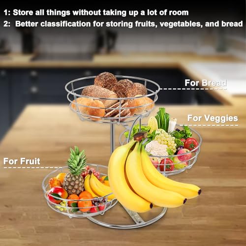 Livabber Fruit Basket Bowl with Banana Hanger, Fruit Vegetable Storage Basket with Banana Tree Holder for Kitchen Counter, Detachable Organizer for Bread Snack Produce (Chrome, 3-Tier Metal Base) - color: Chrome, style: 3-Tier Metal Base
