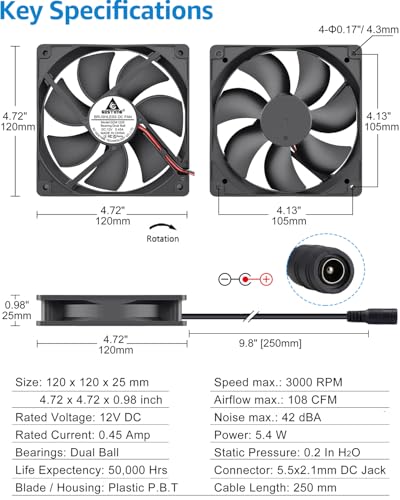 GDSTIME 120mm Computer Fan with AC Plug, 110V 120V 220V 240V AC-Powered Variable Speed Controller 4V-12V for Receiver Amplifier DVR Playstation Xbox Component Cooling Biltong Box Grow Tent Ventilation | AC Powered Fan with Variable Speed Controller, for B