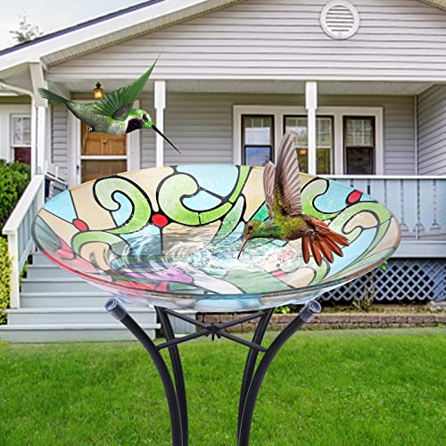 MUMTOP Glass Bird Bath Outdoor with Metal Stand, Garden Feeder, Hummingbird | Glass Large Bird Baths Bowl with Metal Stand for Outdoors, Hummingbird Patterns Bird Feeder for Outside Garden, Patio Decor