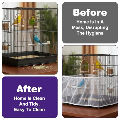 Bird Cage Cover, Large Breathable Nylon Mesh Seed Catcher Birdcage Guard with Adjustable Elastic Skirt for Prevents Seed Mess, Universal Birdcage Accessories for Parrot, Budgie, Cockatiel