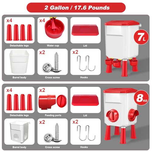 Auto No Waste Chicken Feeder and Waterer Set 2 Gallon/17.6 Pounds | Sturdy & Durable Chick Feeder and Waterer Set, Poultry Feeder Large for Hens/Ducks/Poultry - color: Red