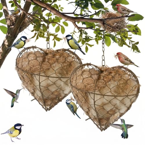 2 Pcs Bird Nesting Material, Hummingbird Nest, Natural Nesting Fiber Cotton, Refillable Nestings Accessories for Wild Bird, Enjoy Birds Gardening Outside, Garden Decoration Gifts (Heart Shaped) - size: Heart Shaped