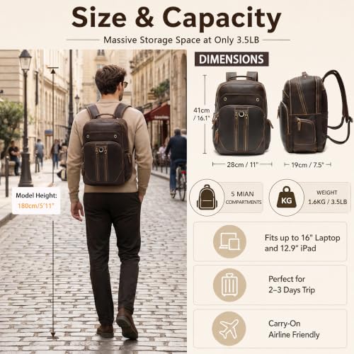 Full Grain Leather 16" Laptop Business Travel Backpack for Men, Brown | Crazy Horse Leather, YKK Metal Zippers, 5 Compartments, Ergonomic S-Straps, Large Capacity, Trolley Sleeve - color: Brown