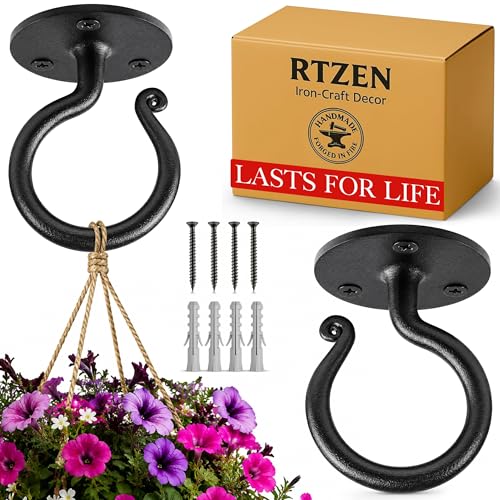 Plant Hangers Outdoor or Indoor Heavy Duty Wall Bracket Hooks | Wrought Iron Metal Hanger Indoor Hook for Hanging Plants Baskets Lanterns Bird Feeders - 2 Pack (Black Ceiling Hooks 3.1") - size: 3.1 Inch, style: Ceiling Hooks