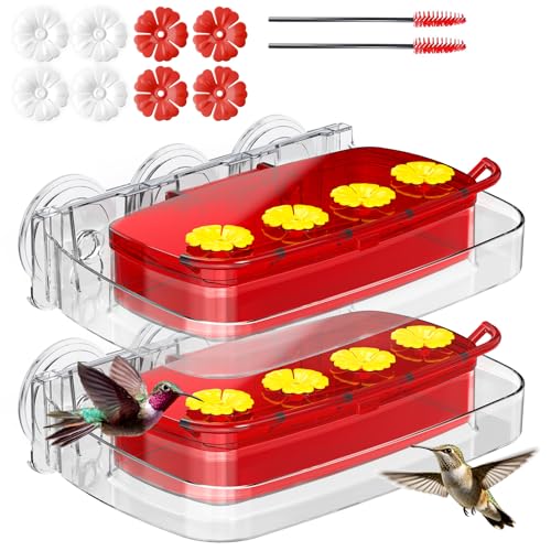 2 Pack Window Hummingbird Feeder with Strong Suction Cup, Plastic Hummingbird Feeders for Outdoors, Built-in Moat,Easy to Clean and Refil (10oz) (2, Red) - color: Red, size: 2 Pack
