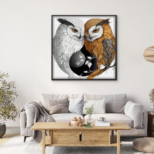 Yin Yang Owl Jigsaw Puzzle 1000 Pieces for Adults,Unique Bird Jigsaw Puzzle Features Dual Owl Balance, Black and White Animal Puzzle,Impossible Owl Home Wall Decor - style: PT-1018-Round Yin Yang Owl Puzzle