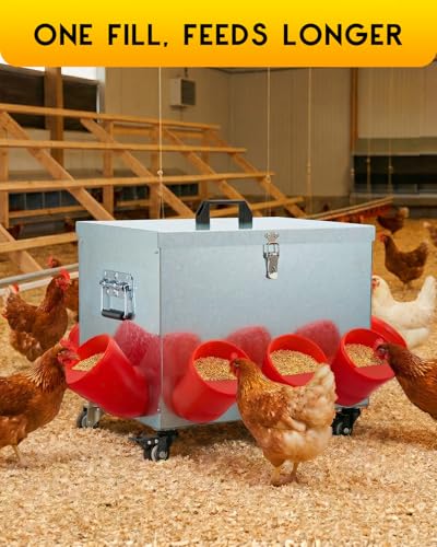 Magicfly 40 lbs Chicken Feeder No Waste, Large Metal Chicken Feeder Box | 8 Bell-Mouth Feeding Port, with Handle and Wheels, Rat Proof Chick Feeder for Chickens, Ducks & Geese - size: 40 lb
