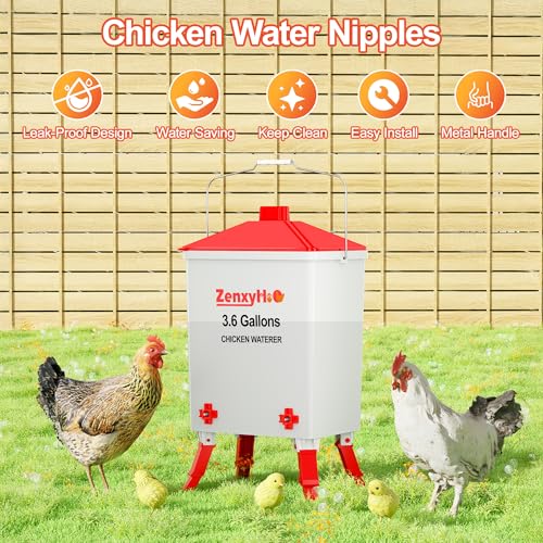 3.6 Gal Chicken Waterer with 4 Water Nipples - 3 Height Adjustable | Anti-roost Cone and Locking Legs Design, Leak-Proof Side Mount Nipples for Backyard Flock - style: Waterer with Nipples