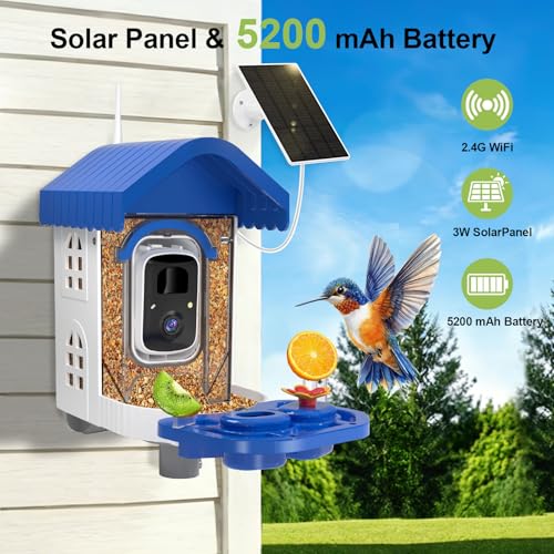Smart Bird Feeder with Camera Solar Powered, AI Species Identification, 2K HD Video, Instant Arrival Alerts, Weatherproof Design for Outdoor, Best Gift for Bird Lovers(Blue) - color: Blue