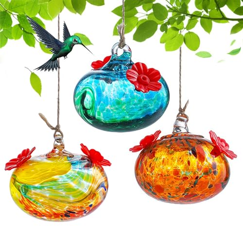 Set 3 Glass Hummingbird Feeders for Outdoors with 2 Flower Feeding Ports | Safe Lead-Free Glass, Non-Toxic for Hummingbirds, Bee & Ant Repellent Design, Guard Nectar Well - color: Color-A
