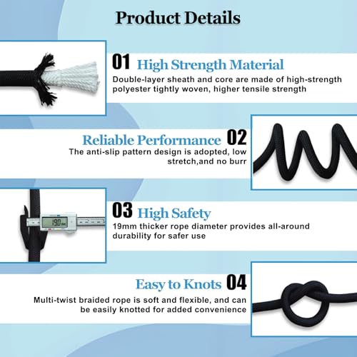 3/4 Inch x 50 Feet Double Braided Arborist Rigging Rope - Heavy Duty Polyester Rope for Tree Work Climbing Swing Nautical Outdoor Adventures, Black - size: 3/4inch x 50feet