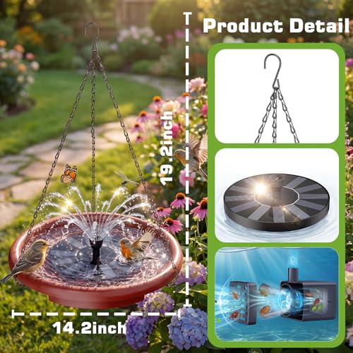 AISITIN 15" Hanging Bird Bath with Solar Fountain & 3‑Tier Step Design | Outdoor Hanging Bird Bath Bowl, Solar Powered Water Fountain for Gardens, Patios, Lawns, and Backyard Bird Feeding Stations