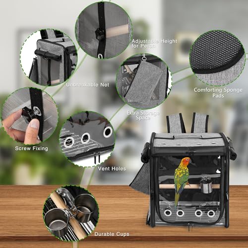 Bird Carrier with Seat Belt for Car Travel, Bird Backpack Carrier with Indestructible Stainless Steel Mesh, Large Bird Carrier Travel Cage, Grey - color: Grey, size: 13.5"L x 10.0"W x 15.5"H