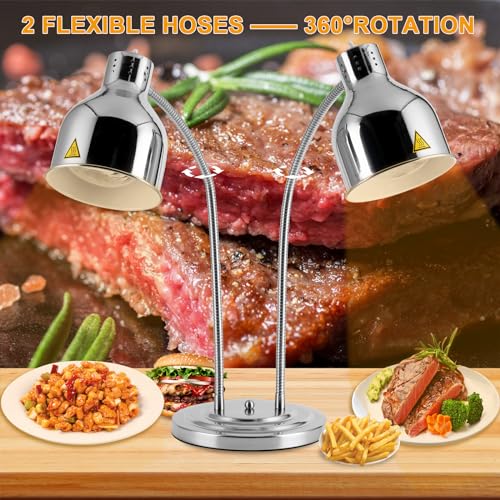 Dual Head Food Heat Lamp 500W w/3 Bulbs for Buffet Food Warmer | Heavy-Duty, Commercial Large Food Warming Lamp w/ 3 Bulbs,Carving Station/Restaurant/ Parties, Flexible Arms, Adjustable Head